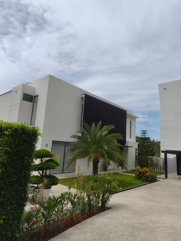 Morning documentation of modern villas and tropical gardens in Thailand