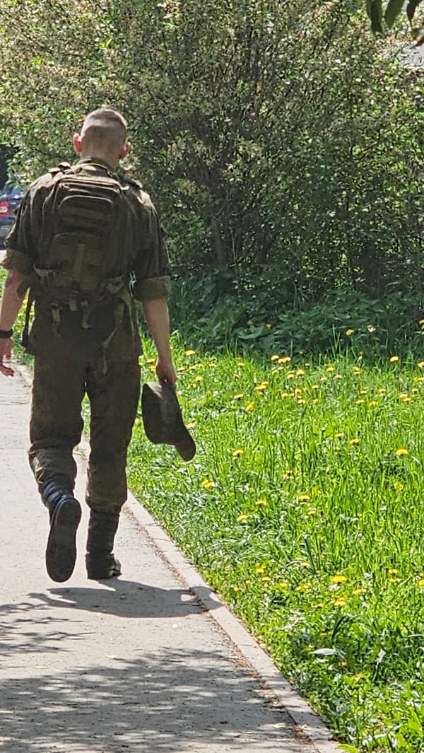 Morning urban scenes: soldier, pedestrians, flowers, buildings documented