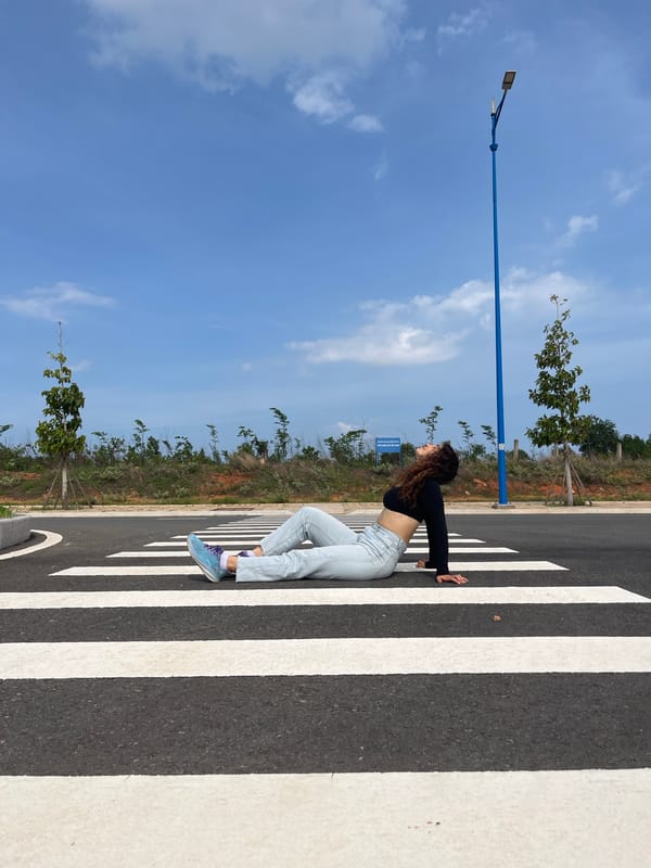 Posing on a pedestrian crossing in Mui Ne, Vietnam