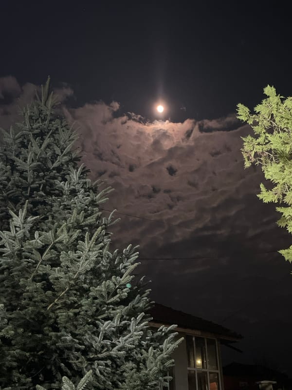 Bright moon illuminates cloudy night sky in Pchelnik, Bulgaria