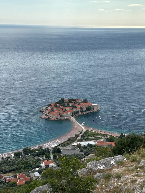 Sveti Stefan islet covered from every angle on a summer afternoon