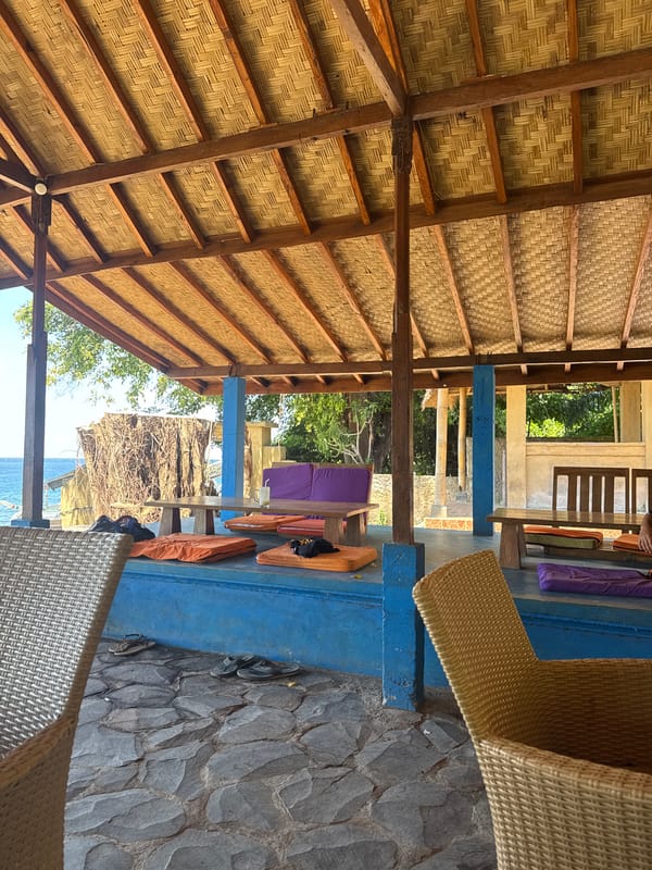 Traditional outdoor seating area spotted in Abang, Indonesia