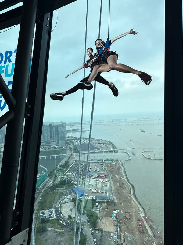 Sunday morning tourism moments captured across Macau Tower district
