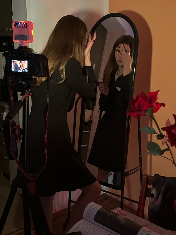Woman films skincare routine with professional equipment in Montenegro