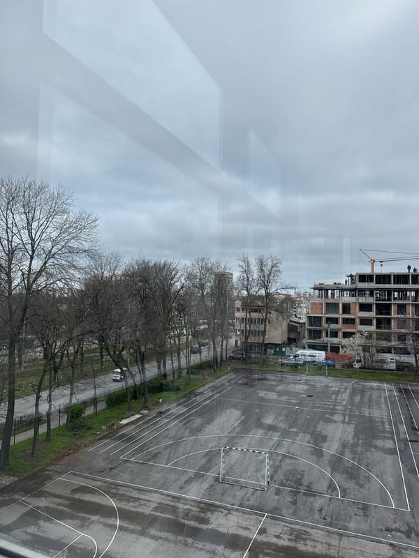 Elevated view captures basketball court in Ruse, Bulgaria