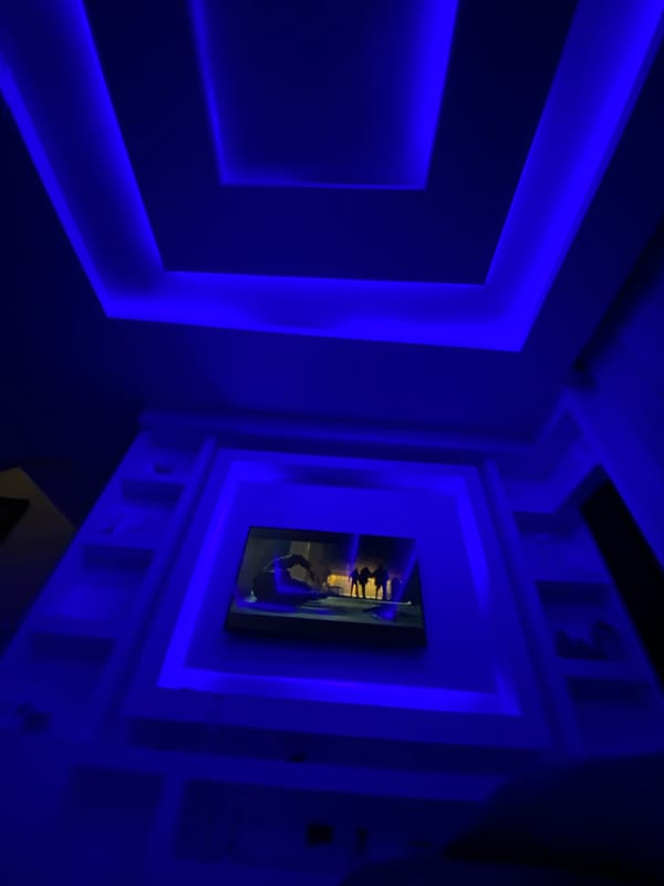 Adult plays with toy dinosaurs in blue-lit Lagos apartment