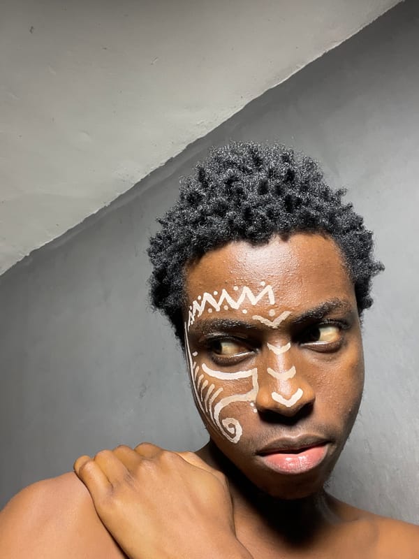 Intricate white tribal face paint, multiple portraits from Nkpor