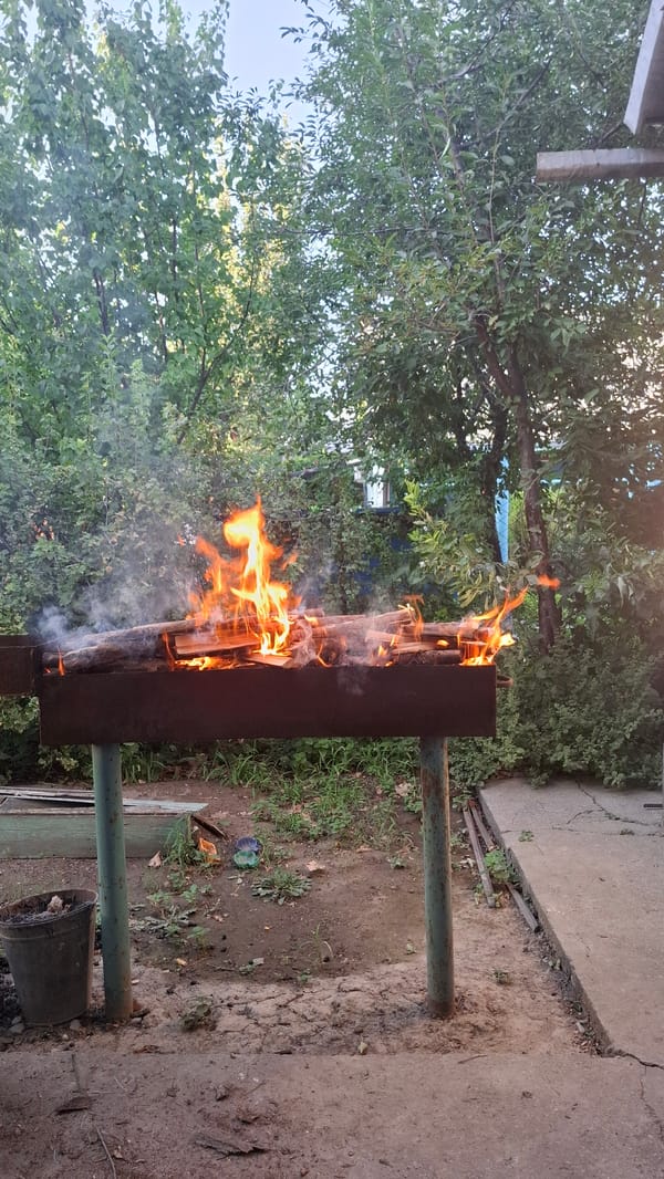 Backyard fire and everyday life in Shubarssu, Kazakhstan