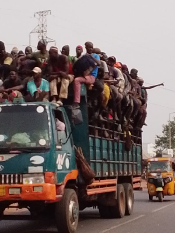 Overloaded passenger truck, construction activity observed in Tamale