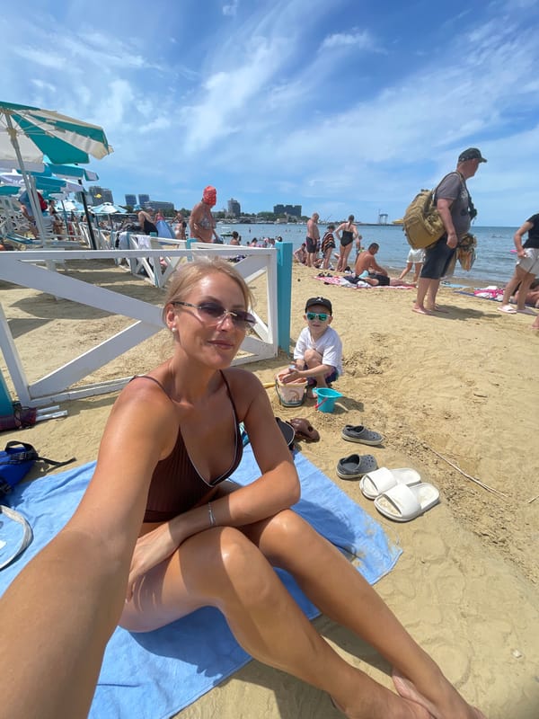 Crowded summer beach day in Anapa, Russia