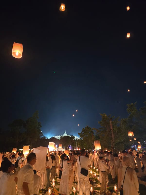 White-clad crowd releases sky lanterns at Borobudur temple