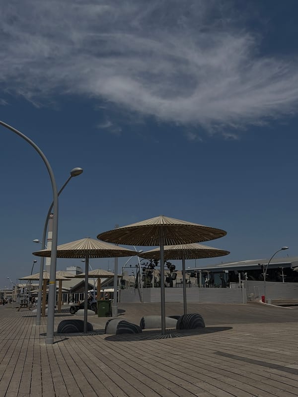 Person documents Tel Aviv waterfront scenes during morning visit