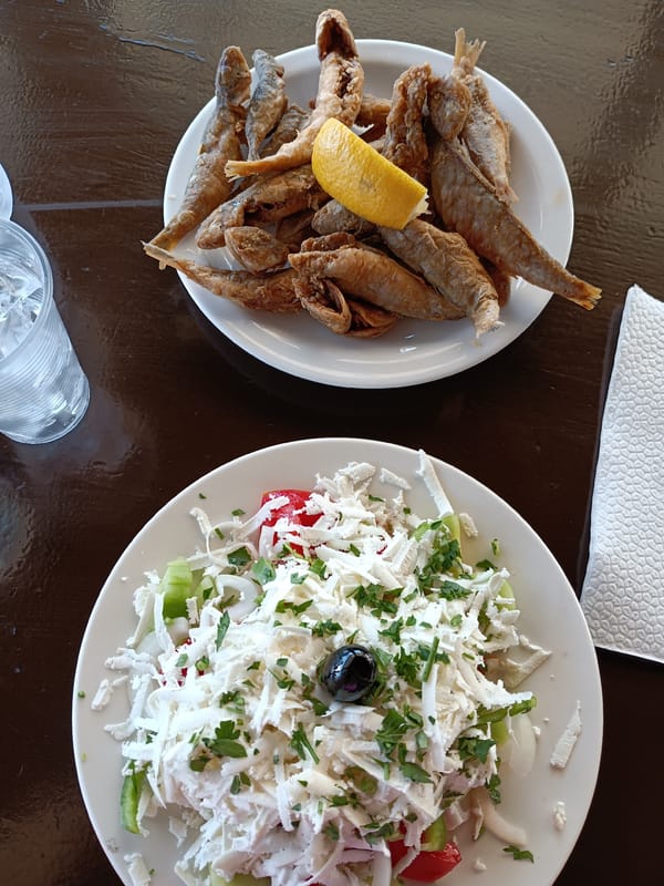 Fried fish and wine at a thatched outdoor restaurant in Burgas