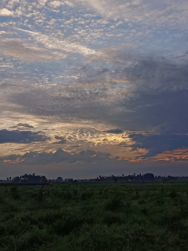 Dusk over rural fields and village edges in Aceh, Indonesia