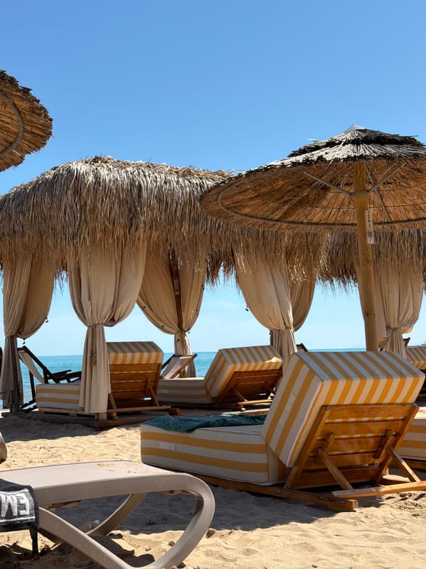 Beach loungers and umbrellas arranged at Varna seaside