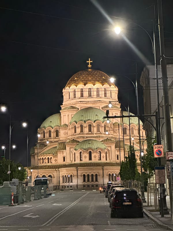 Nighttime architectural tour documented across central Sofia landmarks