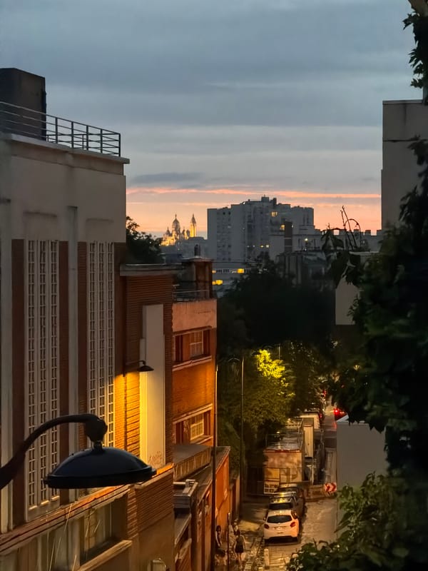 Sacré-Cœur at dusk, Montmartre rooftops under a pink sky