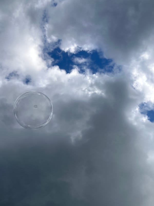Toddler plays outdoors blowing bubbles in Wisła, Poland