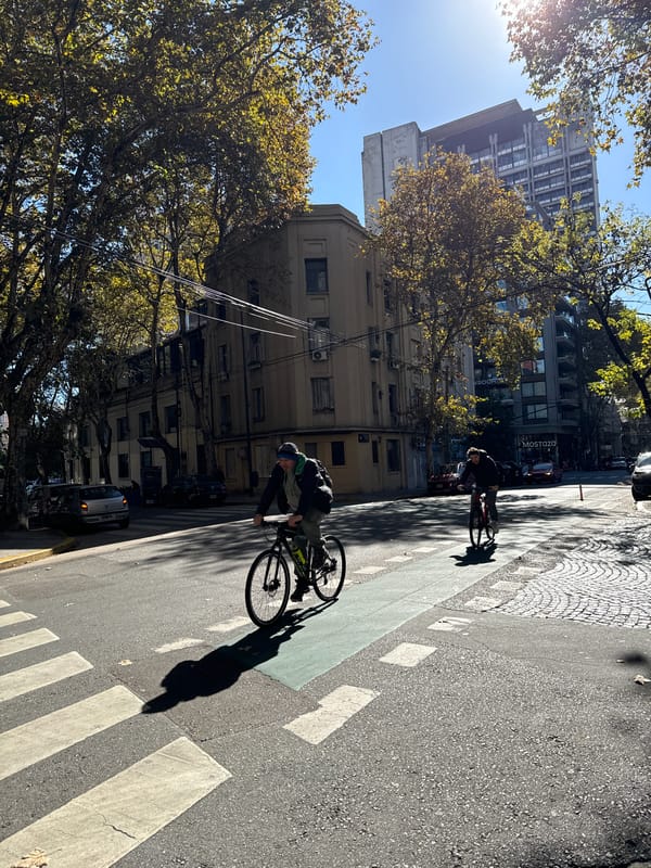 Cyclists navigate Buenos Aires streets amid typical urban activity