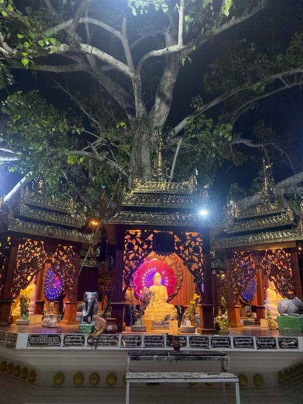 Buddhist temple complex documented at night in Thailand