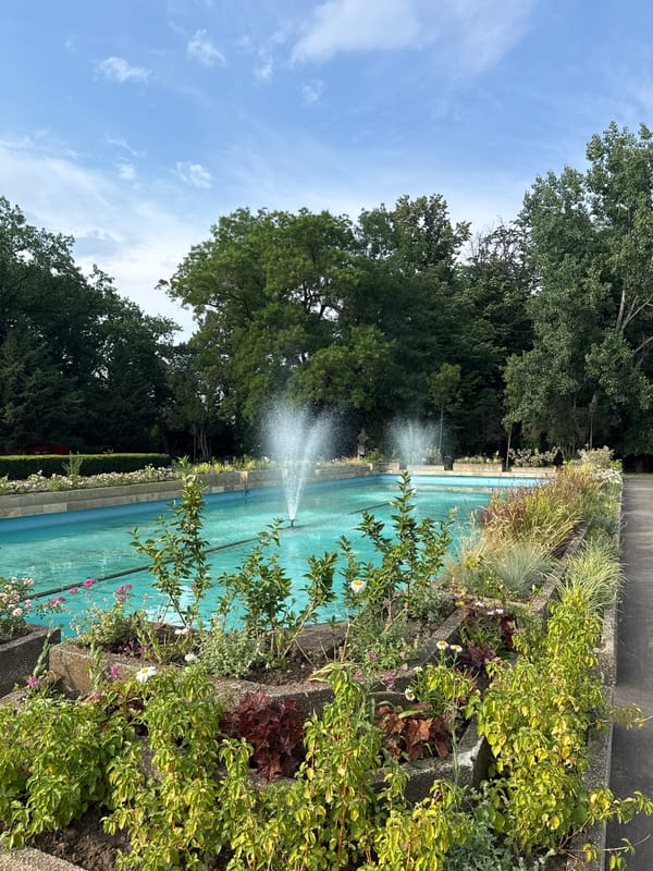 Afternoon in a Bucharest park: fountains, sculptures, and shaded paths