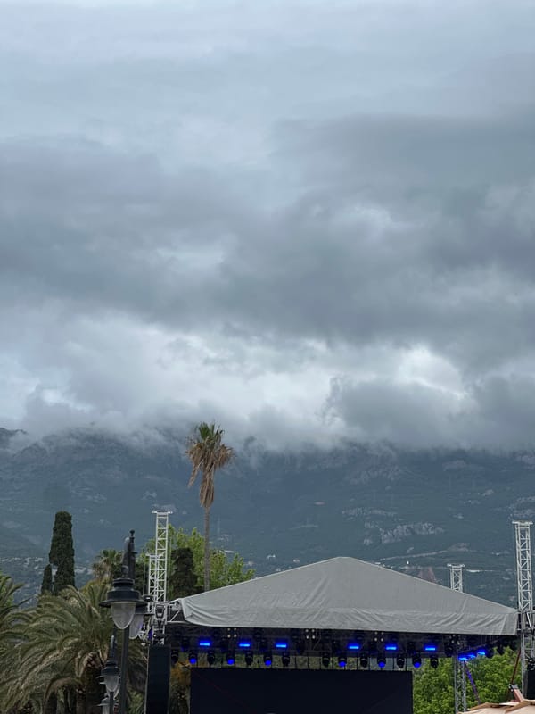 Event stage erected in Budva, Montenegro under cloudy skies