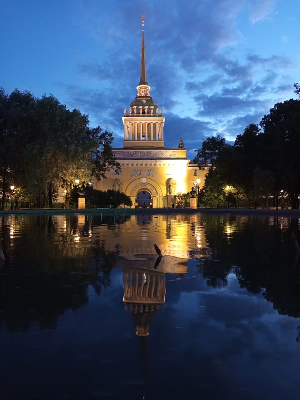 Saint Petersburg landmarks glow at dusk and into the night