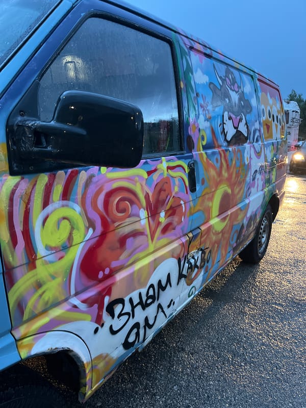 Psychedelic art van spotted on wet street in Gabrovo