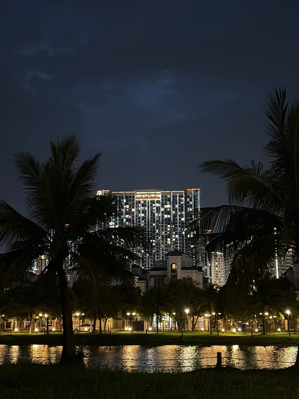 Hanoi lakeside district at night, parks and lit skyline