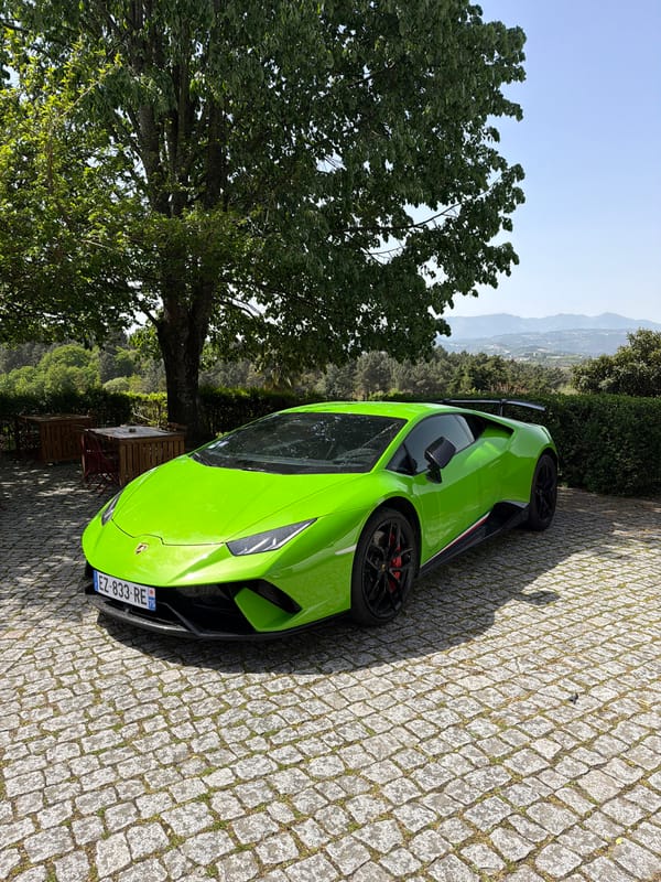 Green Lamborghini spotted on cobblestone streets in Vila Real