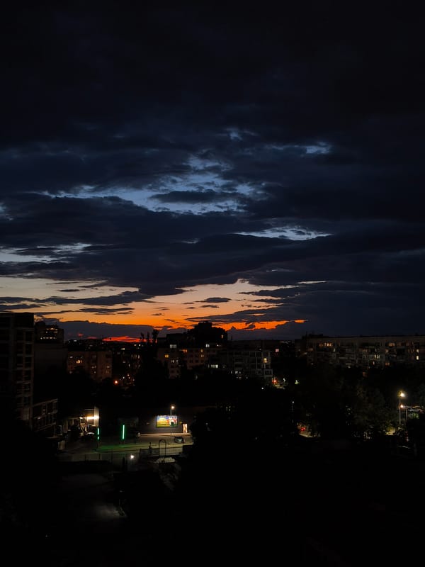 Stormy evening sky settles over Plovdiv at dusk