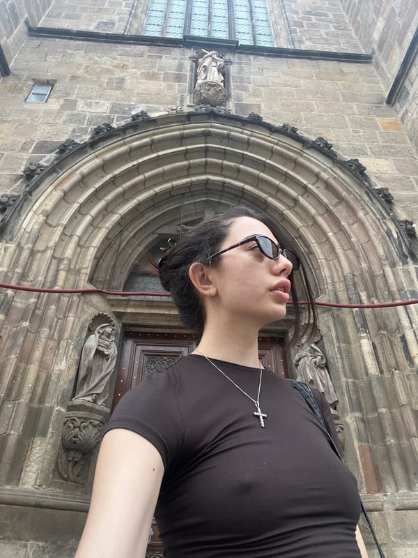 Posing outside St. Bartholomew's Cathedral mid-renovation, Pilsen