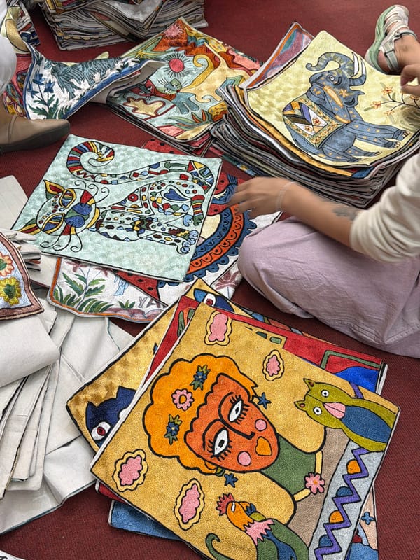 Person sits among embroidered pillows in Pokhara marketplace