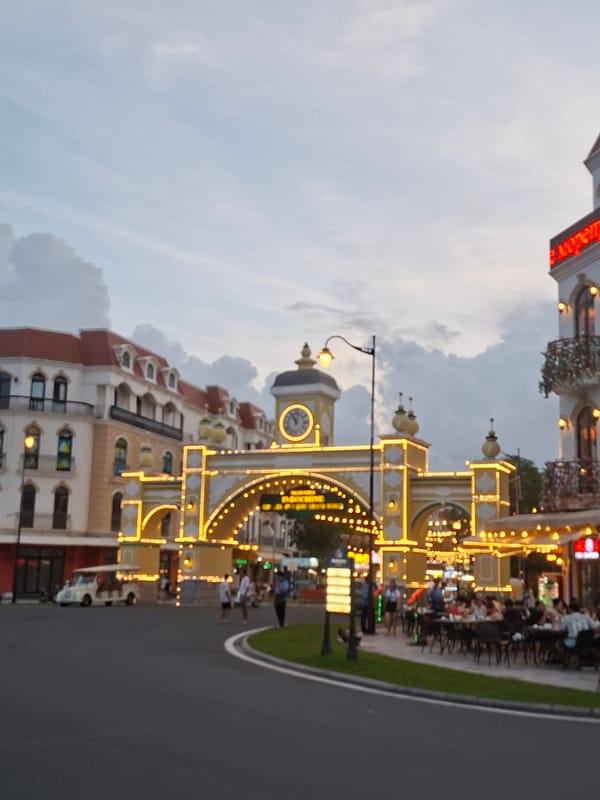 Phú Quốc's lit-up waterfront district at dusk