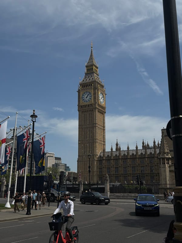 Clear skies frame Westminster landmarks in central London