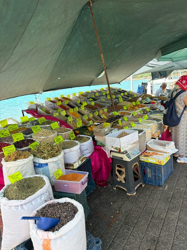 Bodrum waterfront market: spices, textiles, and harbor views