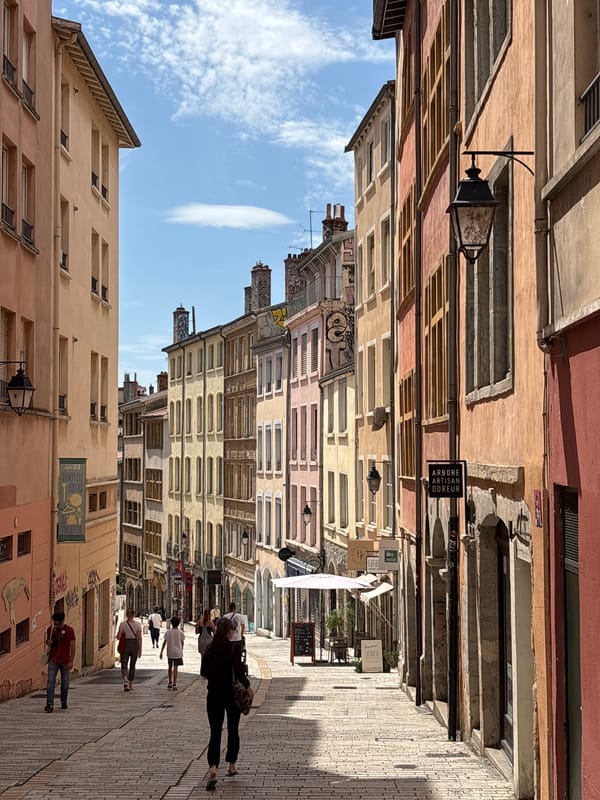 Historic Lyon cobblestone streets documented in morning walkthrough