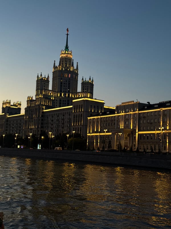 Moscow's Stalinist skyscraper lit up at dusk