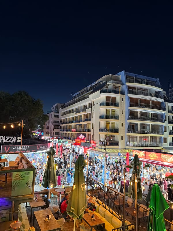 Nesebar's nightlife strip buzzing on a summer evening