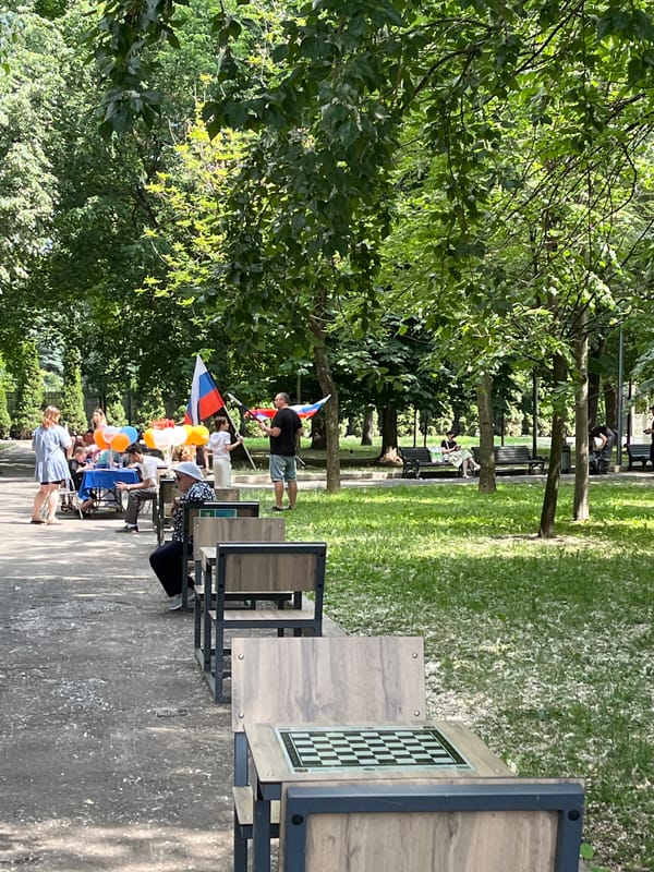 Park gathering features stage performance and chess games