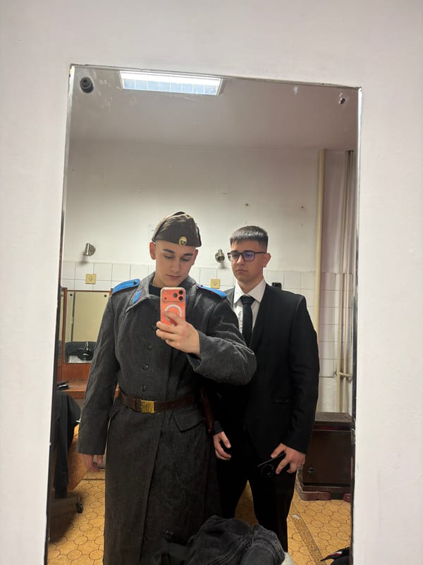 Military figure selfie, rainy street scenes in Panagyurishte