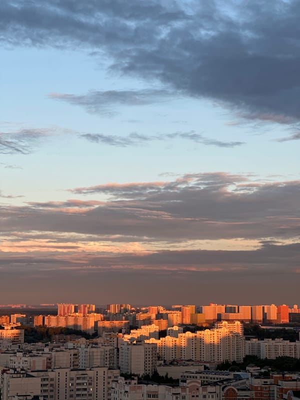 Moscow skyline under a dramatic cloudy sunset