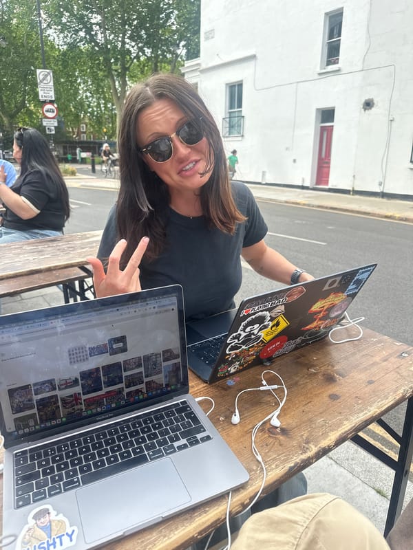 Outdoor laptop work session captured in London street