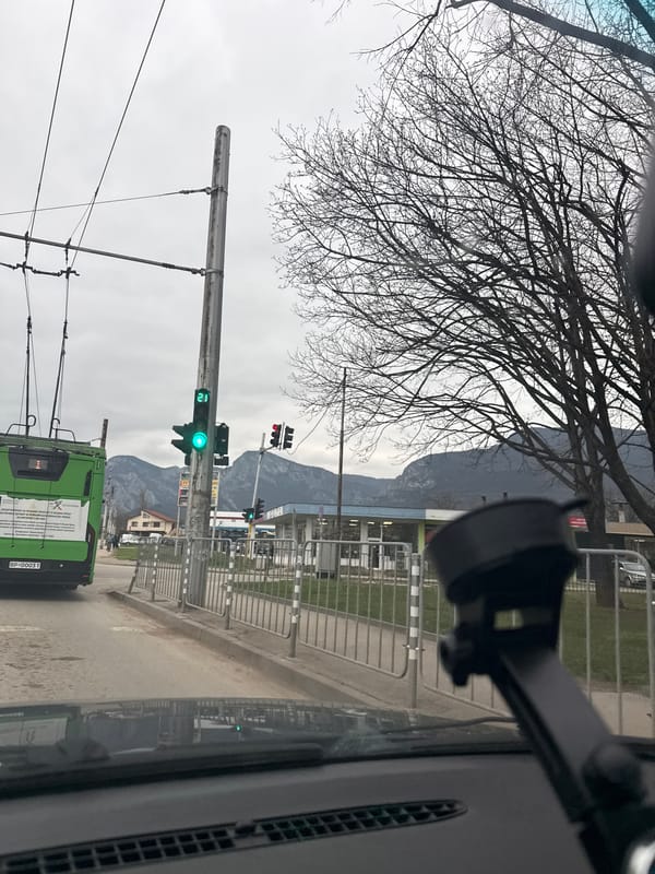Trolleybus stops at traffic light in Vratsa, Bulgaria