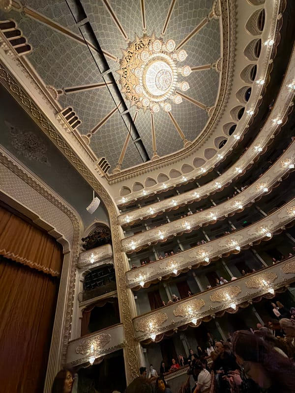 Visitor photographs ornate interior of Tbilisi Opera House