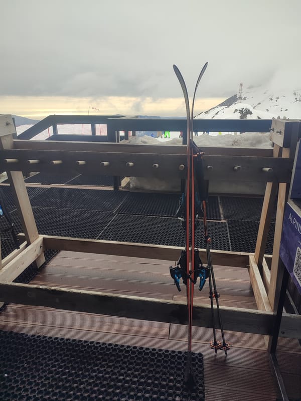 Ski equipment rests at mountain resort in Estosadok
