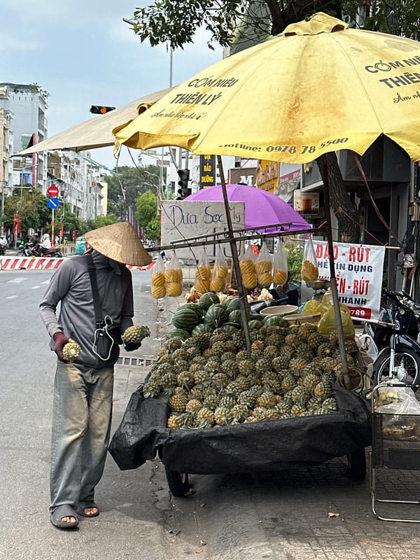Street fruit vendor serves morning commuters in Ho Chi Minh City