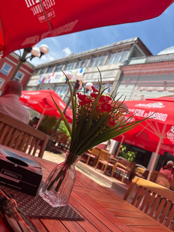 Sunny morning cafe scene captured in Ruse, Bulgaria