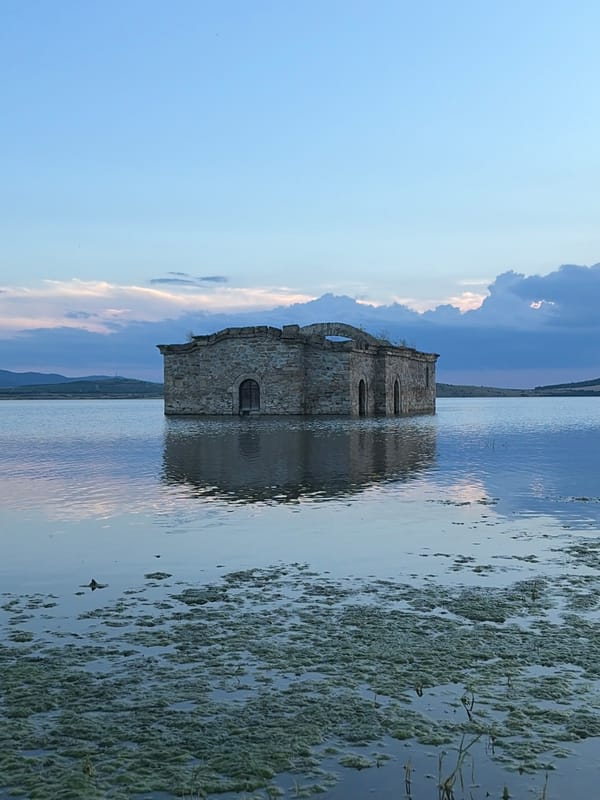 Submerged stone church rises from Lake Zhrebchevo, Bulgaria