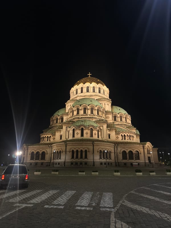 Cathedral illuminated against night sky in Sofia, Bulgaria